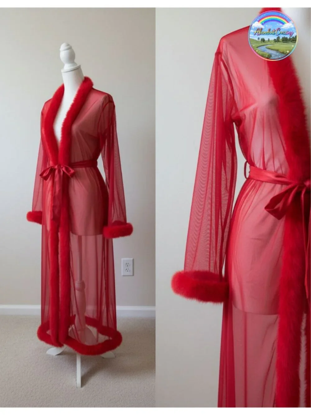 Faux Fur Trim Sheer Mesh Kimono Robe Floor-Length Bridal Lingerie Cover-Up